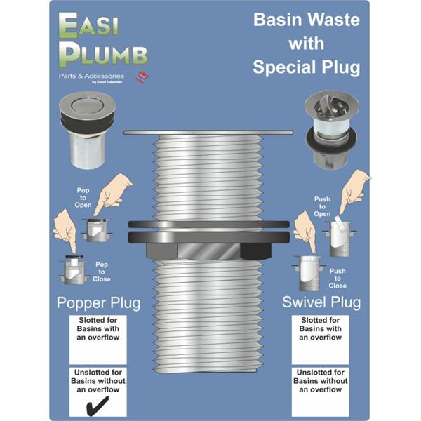 Easiplumb11/4" Unslotted Basin Waste c/w Popper Plug
