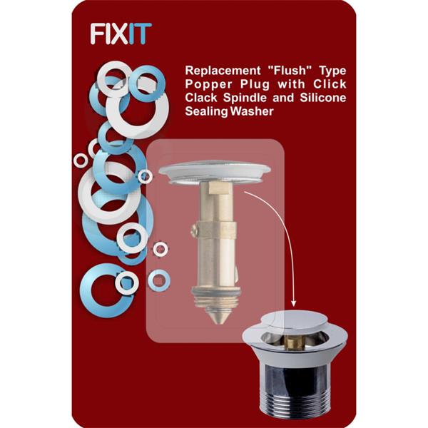 EasiplumbReplacement “Flush” Type Popper Plug with Click Clack Spindle and Silicone Sealing Washer