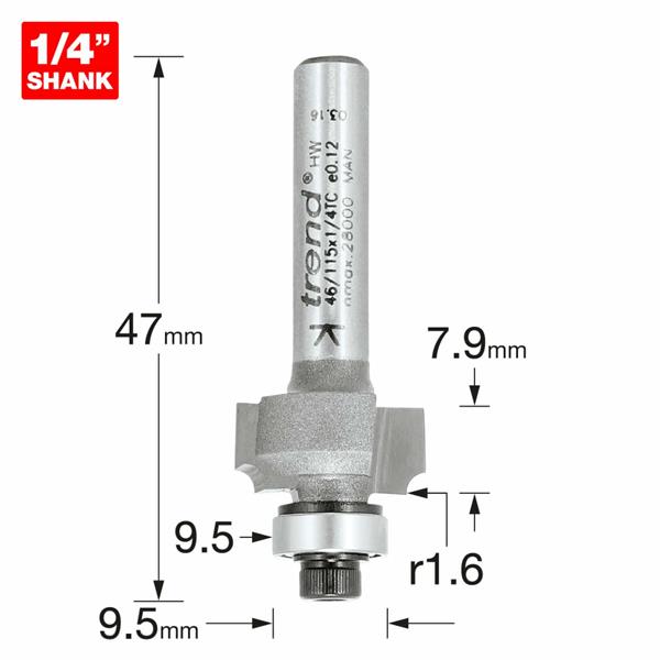 TrendPro Bearing guided ovolo Cutter 1.6mm radius 46/115X1/4TC