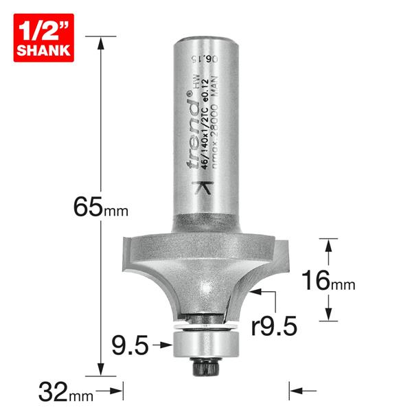 TrendPro Bearing guided ovolo Cutter 9.5mm radius 46/140X1/2TC