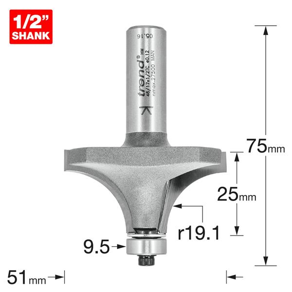 TrendPro Bearing guided ovolo Cutter 19mm radius 46/17X1/2TC