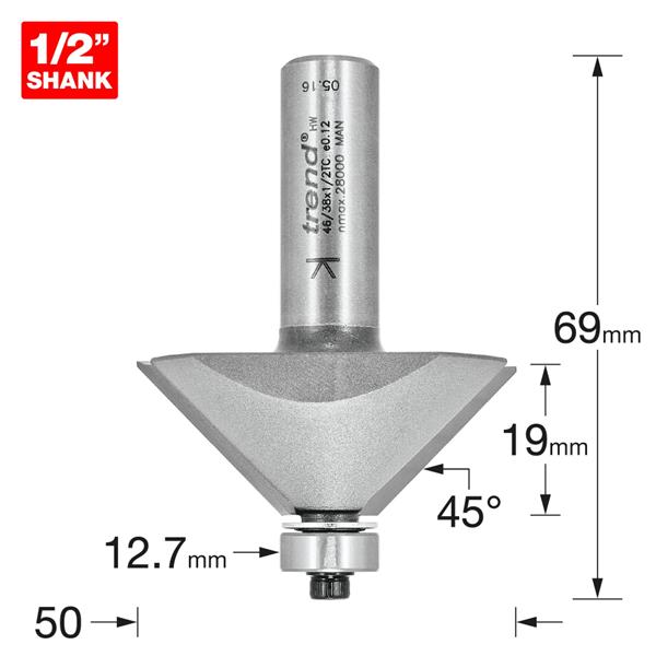 TrendPro Bearing guided chamfer Cutter 45 degrees 46/38X1/2TC