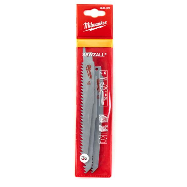 Milwaukee48001075 150mm x 6tpi Wood & Plastics Sawzall Blades - 3pc