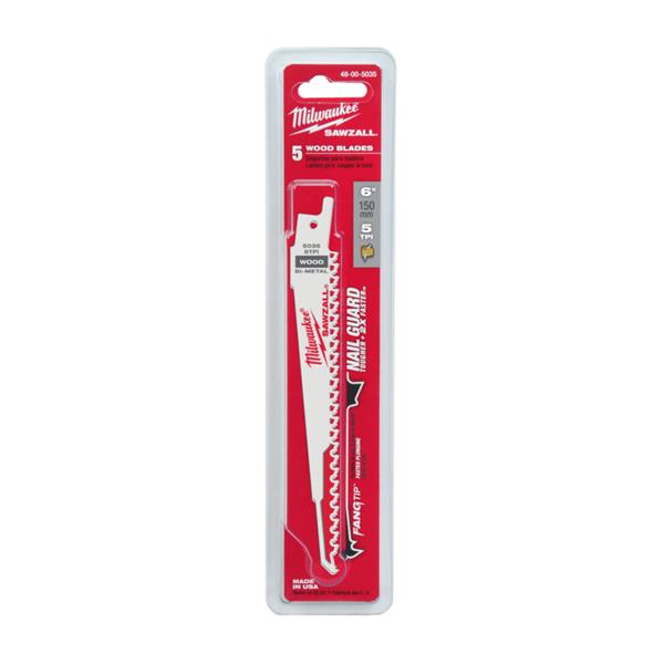 Milwaukee48005035 150mm x 5tpi Sawzall Fangtip Nail Guard Sabre Blade - 5pc