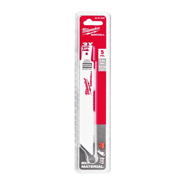 Milwaukee48005292 150mm x 10/14tpi Wood / Metal / Plastic Universal Sawzall Blades - 5pc