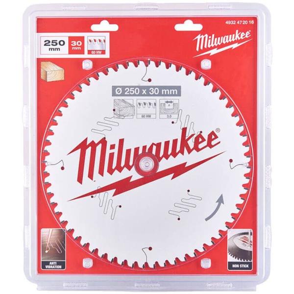 Milwaukee 4932472016 250mm 60T Wood Cutting Mitre Saw Blade