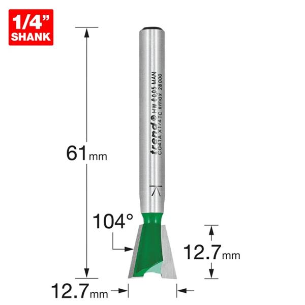TrendDovetail Cutter angle=104 degrees 12.7mm diameter C041AX1/4TC