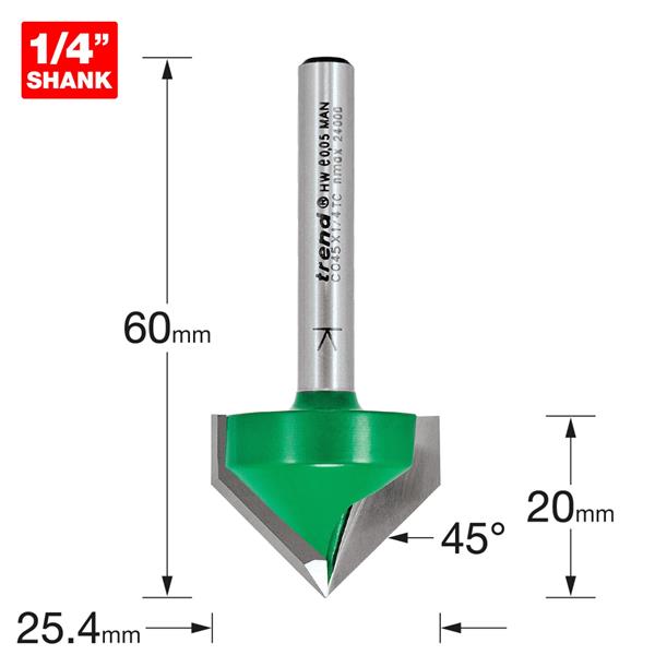 TrendChamfer V groove Cutter angle=45 degrees C045X1/4TC
