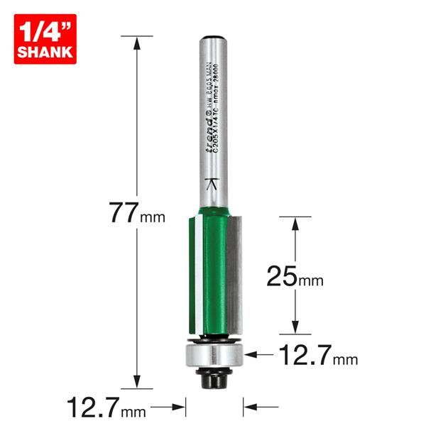 TrendBearing guided three flute trimmer 12.7mm diameter 25mm length C205X1/4TC