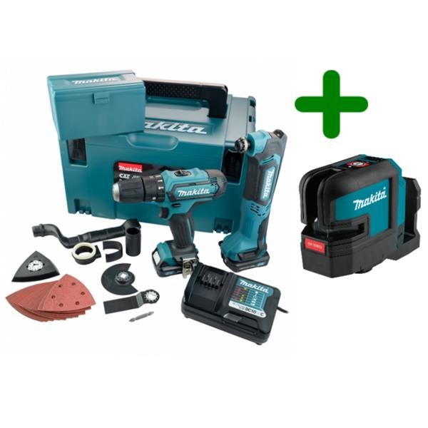 MakitaCLX203AJX1PLUS 12max CXT Combi Drill & Multi Tool Twin Pack Kit Plus Laser (2x2.0Ah)