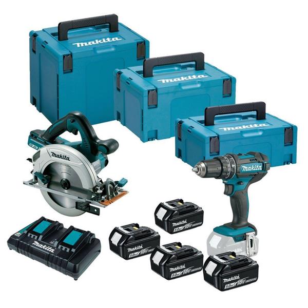 Makita18V Kit DHS710 Circ Saw, DHP482Z Combi Drill & 3 x Makpac Cases (4x5ah)