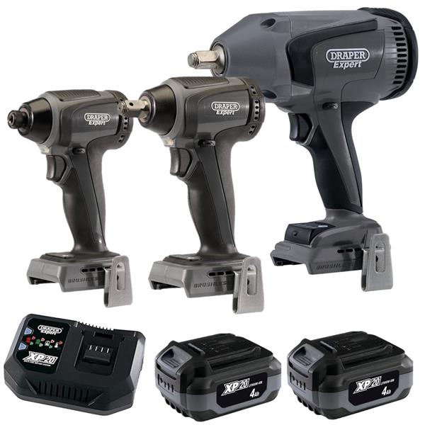 DraperXP20 20V 1/2" 1000NM, 1/2" 300NM Impact Wrench & 1/4" Brushless Impact Driver (2X4Ah)