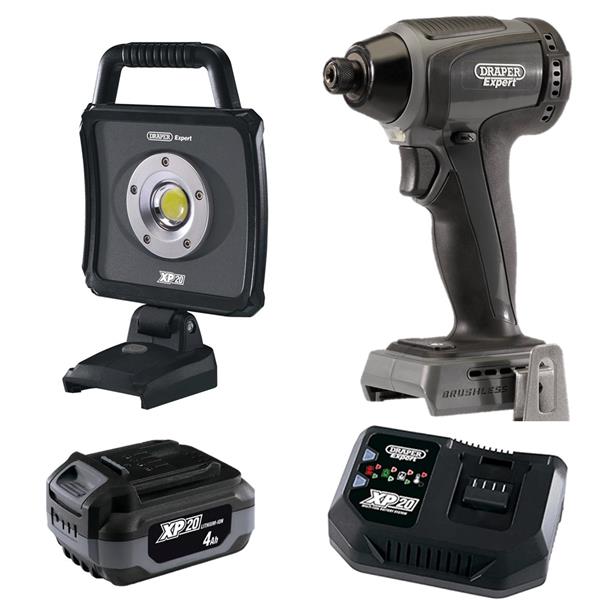 DraperXP20 20V 1/4" 200NM Brushless Impact Driver & 20V LED Worklight (1x4Ah)
