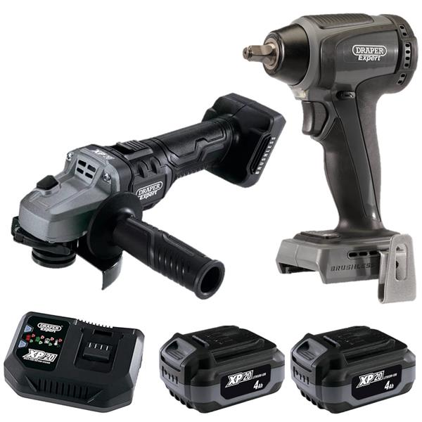 DraperXP20 20V 3/8" 250NM Brushless Impact Wrench & 115mm Brushless Angle Grinder (2X4Ah)