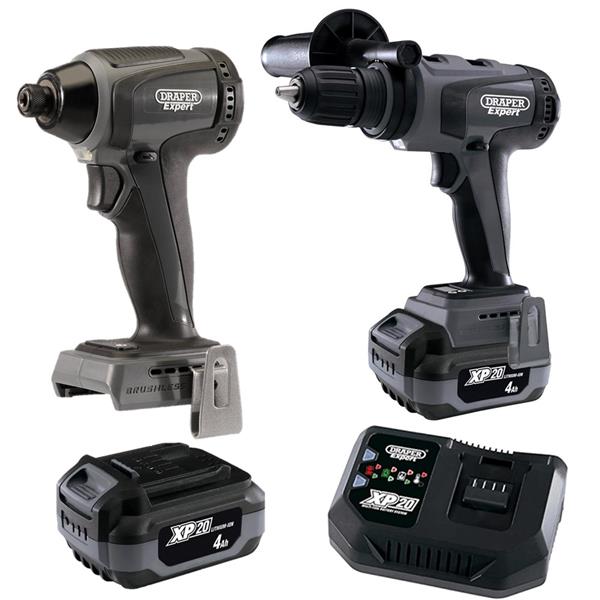 DraperXP20 20V 135NM Brushless Combi Drill & 1/4" 200NM Brushless Impact Driver (2x4Ah)