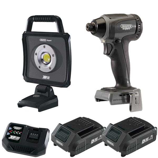 DraperXP20 20V 1/4" 200NM Brushless Impact Driver & 20V LED Worklight (2x2Ah)