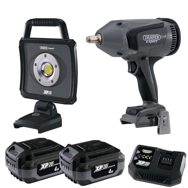 DraperXP20 20V 1/2" 1000NM Brushless Impact Wrench & 20V LED Worklight (2x4Ah)