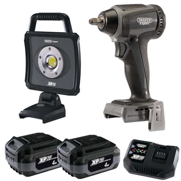 DraperXP20 20V 3/8" 250NM Brushless Impact Wrench & 20V LED Worklight (2x4Ah)
