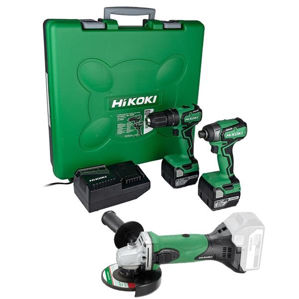 HikokiKC18DDX 18V Brushless 3 Piece Kit Combi Drill, Impact Driver & Grinder (2x5Ah)
