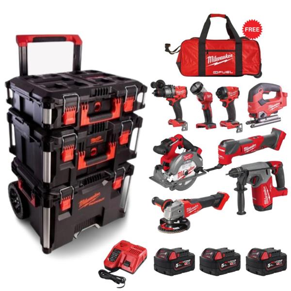 Milwaukee Packout 8 Piece Kit with Roller Bag (3x5ah)