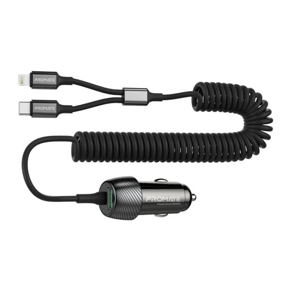 Promate33W Car Charger with Lightning Connector & USB-C Cable