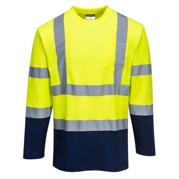 Portwest S280 Hi-Vis TwoTone Long Sleeved Cotton Comfort T-Shirt - Yellow/Navy